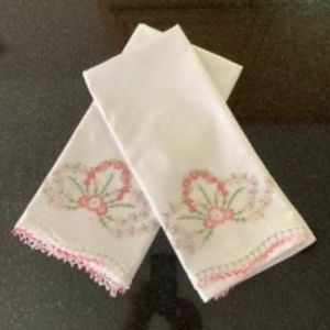 TWO Vintage Embroidered Needlework Linen Queen Size Pillowcases